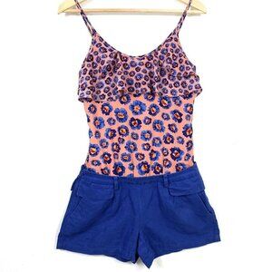 5/$25 Romper XS Pockets Floral Blue Pink Sleeveless Cotton Linen Blend Lily